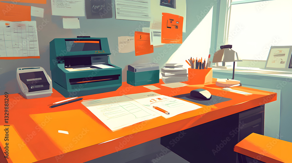 Poster a low-poly designed desk featuring a printer and computer creating a contemporary workspace aestheti