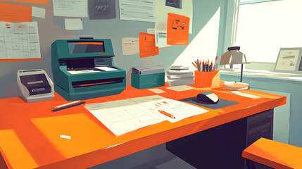 Naklejka premium A low-poly designed desk featuring a printer and computer creating a contemporary workspace aesthetic with modern artistic elements and style.