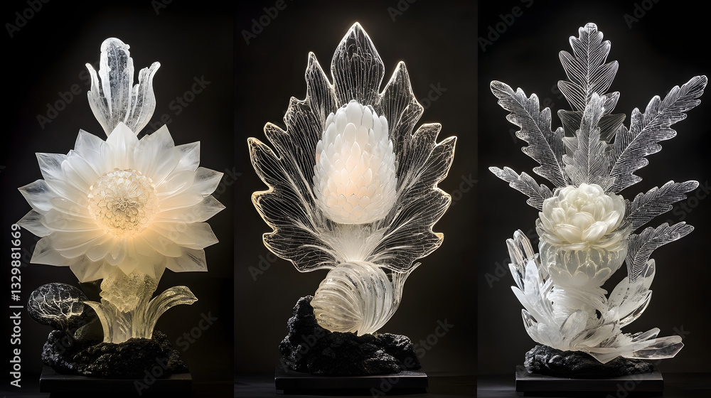 Aufkleber a vibrant display of three different types of flowers showcasing lucid shapes and clear crystal scul