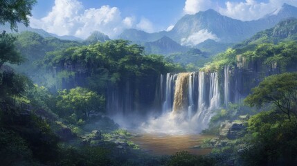 A cascading waterfall flows into a rocky river lined with towering pine trees and majestic mountain peaks