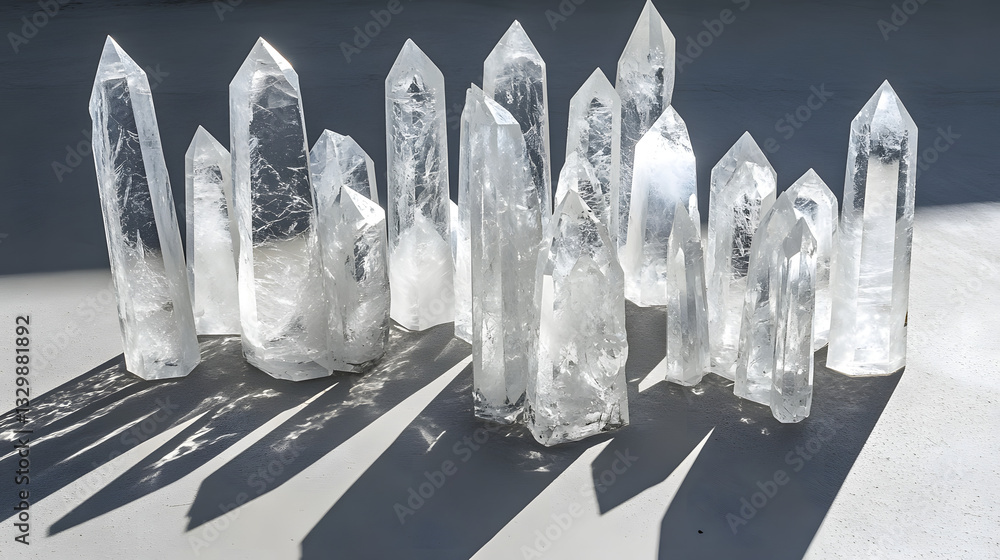 Poster a captivating group of crystal sculptures showcasing lucid shapes and clear designs illuminated by d