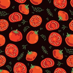Seamless pattern of ripe tomatoes. Vegetables. Red tomatoes. Juicy Harvest. Healthy food. Vector illustration.