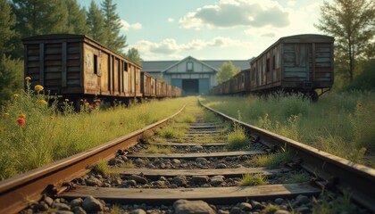 Obraz premium Abandoned railroad with weathered train cars leading to a vintage warehouse surrounded by wild grasses and summer sky