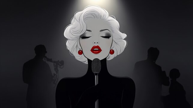 Fototapeta Una mujer de cabello rubio canta apasionadamente en el escenario, con un ambiente de jazz y sombras a su alrededor.