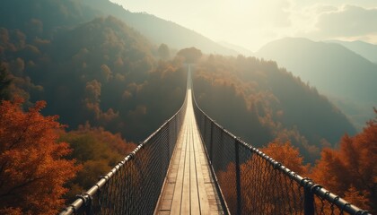 Fototapeta premium Scenic Autumn Suspension Bridge Crossing Mountains and Forest Landscape on a Foggy, Sunny Day - Captivating Natural Beauty