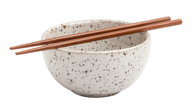 Minimalist bowl with chopsticks, textured ceramic bowl in soft colors, perfect for Asian cuisine presentation, copy-space for text Isolated on white background or PNG