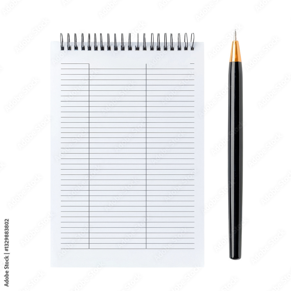Poster spiral notebook with lined pages and pen on transparency background