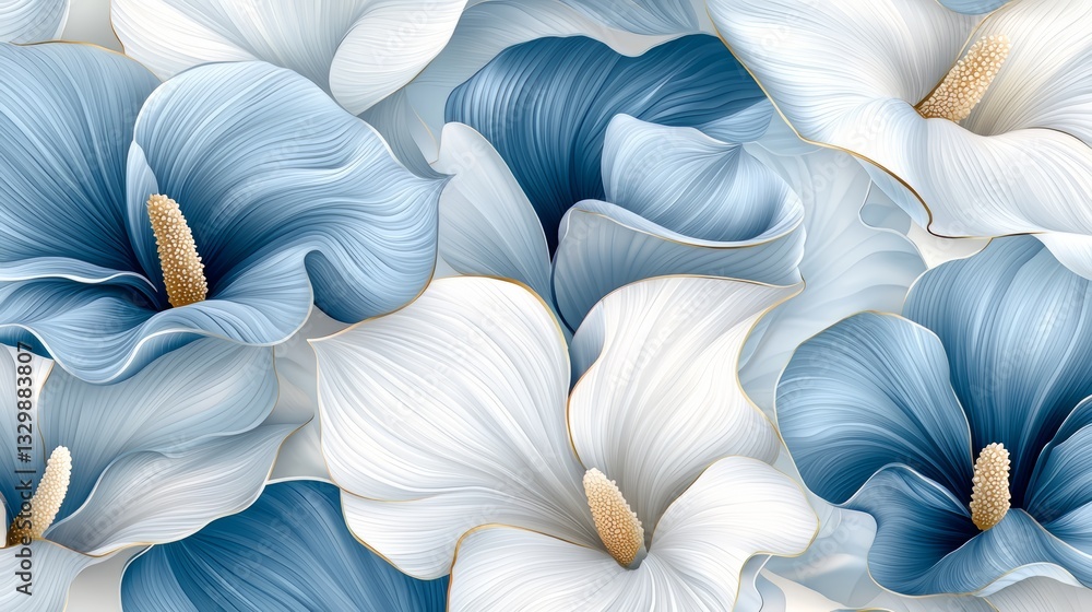 Poster blue and white floral pattern with gold accents. the flowers are arranged in a way that creates a se