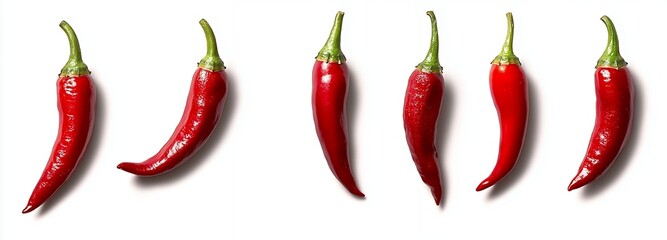 Seven Glossy Red Chili Peppers on White Background