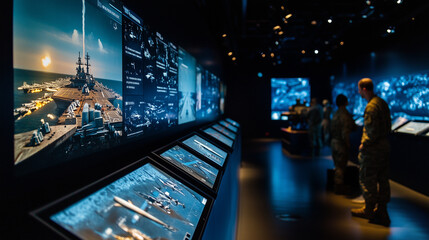 A grand display of naval missile technology, with large anti-ship missiles positioned next to scale models of advanced warships, accompanied by interactive touchscreen displays exp