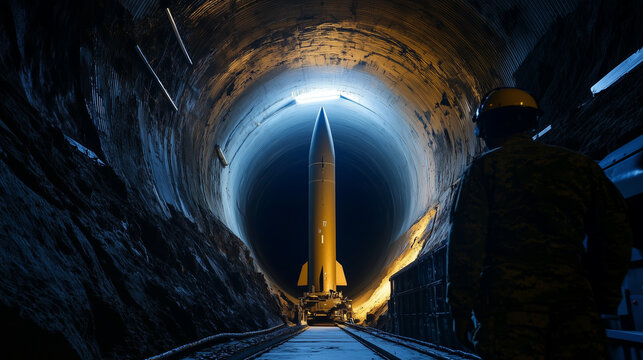 A modern underground missile silo opened for a rare public viewing during a military technology fair, showing a fully armed ICBM standing ready inside its vertical launch tube.