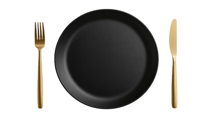 Elegant dining setup, sleek black plate with gold cutlery, perfect for special occasions or upscale dining experiences. Isolated on white background or PNG