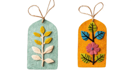 Colorful gift tags adorned with floral designs, bright paper materials, perfect for adding a personal touch to presents. Isolated on white background or PNG