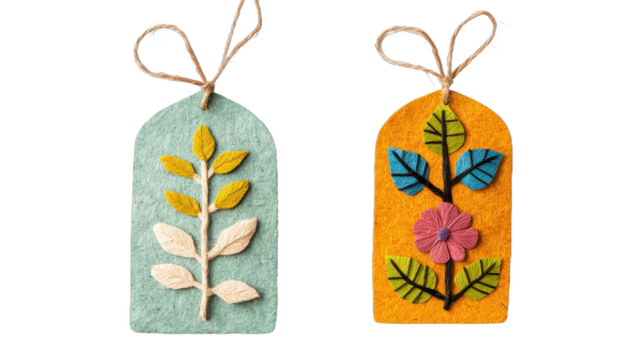 Colorful gift tags adorned with floral designs, bright paper materials, perfect for adding a personal touch to presents. Isolated on white background or PNG