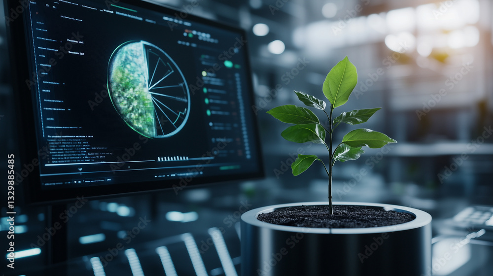 Poster a high-tech financial presentation screen displaying a holographic pie chart with a delicate sapling