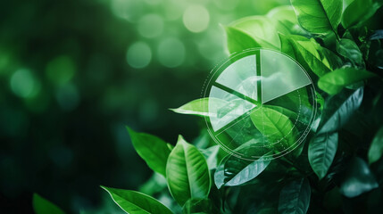 An artistic double-exposure image combining a transparent pie chart overlaid with lush green leaves, illustrating the fusion of investment strategies and environmental consciousnes