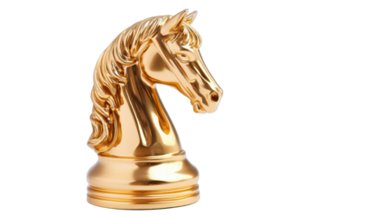 Golden chess knight piece, elegant design, symbolizes strategy and competition, perfect for game enthusiasts and decor. Isolated on white background or PNG
