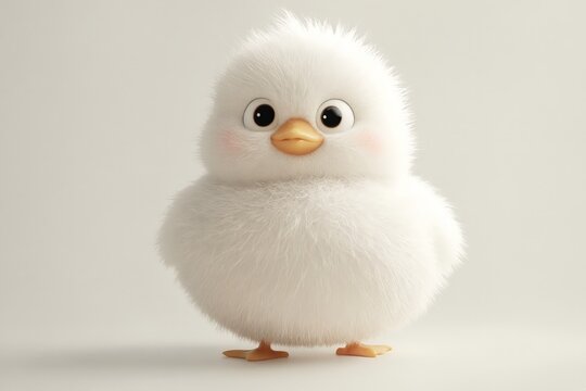 Un adorable pollito blanco con ojos grandes y expresi&oacute;n tierna, destac&aacute;ndose en un fondo neutro.