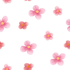 Watercolor illustration of the first flowers. Pink, red flowers. Seamless pattern on a white background.