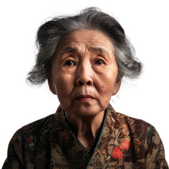 Portrait of an elderly woman dressed in traditional attire with a solemn expression