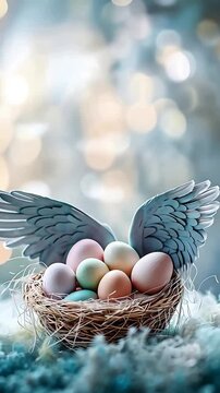 Ostern animierter Hintergrund mit Ostereiern umgeben von Engelsfl&uuml;geln perfekt f&uuml;r Werbung; verschwommener blauer Textbereich