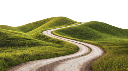 Winding rural road through grassy hills, cut out. Isolated on a transparent background.