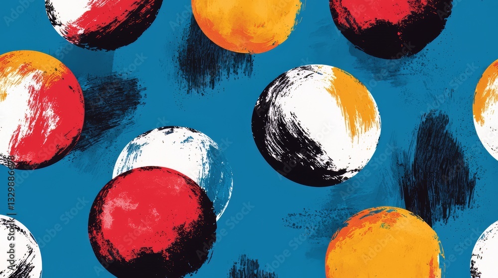 Poster blue and yellow background with a pattern of circles. the circles are painted with different colors 