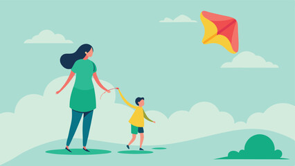 Happy Mother's Day! A joyful flat-color illustration of a mother and child sharing a breezy outdoor adventure, flying a stylish modern kite. Perfect for greeting cards, social     