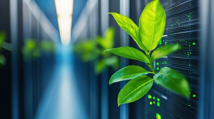 Green plant growing amidst server racks