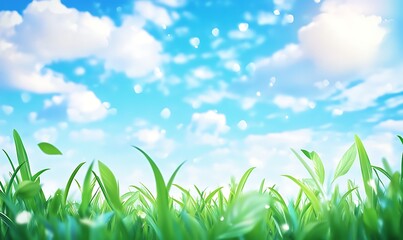 Obraz premium A landscape of grass and blue sky, watercolor painting