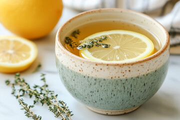 Ceramic Mug of Herbal Tea with Lemon on Wooden Table