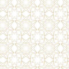 Abstract geometric pattern with crosses, stripes, lines. Seamless vector background. White and gold ornament. Modern reticulated graphic design.