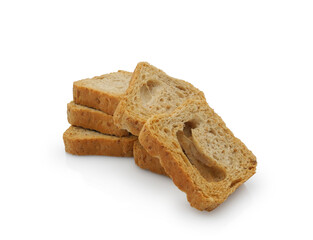 Whole wheat mini toasts, toasted slices of bread or rusks isolated on white background       
