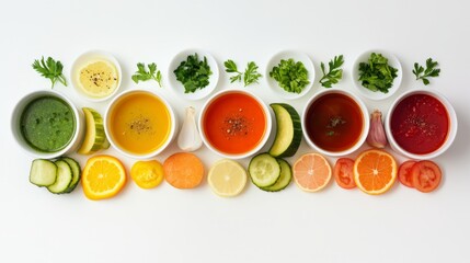 Six Colorful Homemade Vegetable Soups with Fresh Ingredient Pairings on White