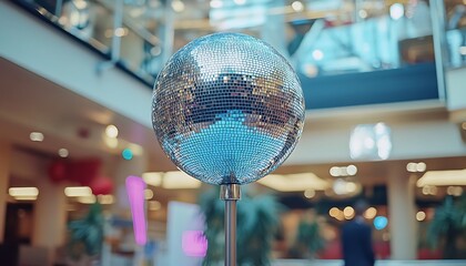Shiny disco ball in shopping center reflecting objects