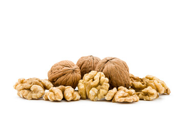 Walnuts shelled bunch isolated on white background.