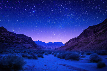 stunning night sky filled with stars over serene desert landscape, showcasing mountains and valleys under deep blue hue. tranquil scene evokes sense of wonder and peace