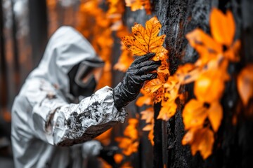 Obraz premium A person in a raincoat examining a tree affected by acid rain, with dark streaks running down the bark and the leaves discolored