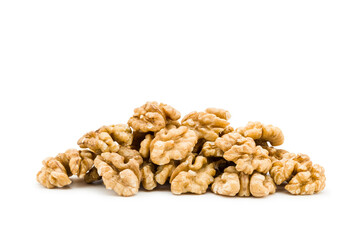 Walnuts shelled bunch isolated on white background.