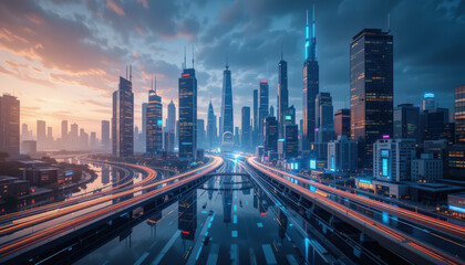 Fototapeta premium futuristic cityscape with illuminated skyscrapers and vibrant light trails on highways under dramatic evening sky