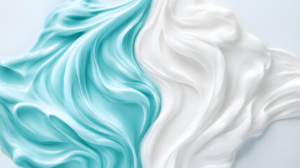 Fototapeta premium Paint and cream smear on a white background, light blue and white liquid for cosmetic and paint background