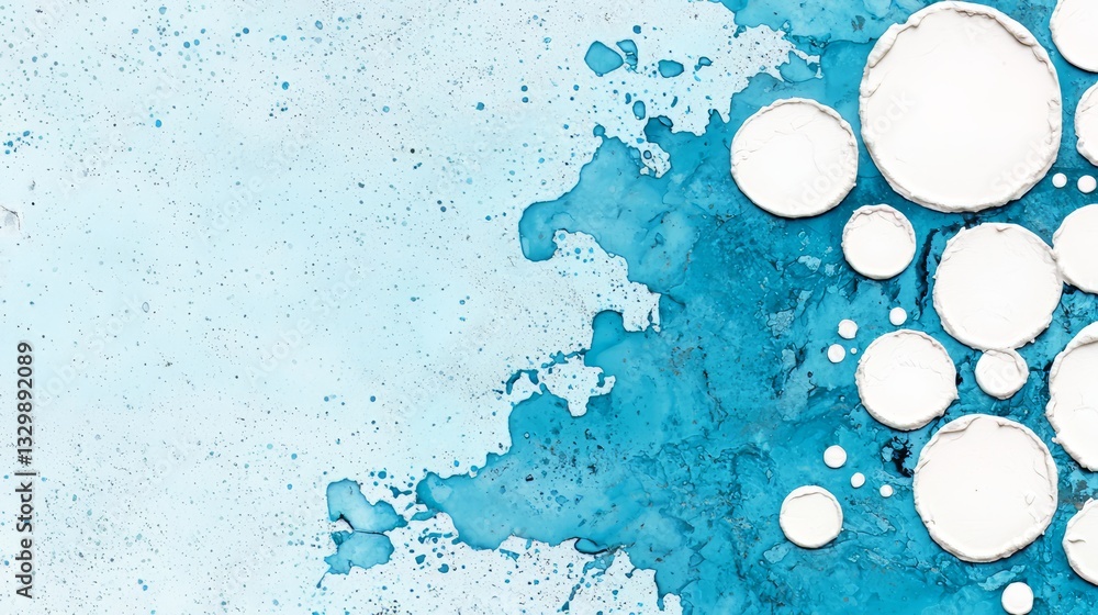 Poster Blue background with white circles on it. The circles are of different sizes and are scattered all over the background. The image has a creative and artistic feel to it