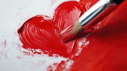 A red paint brush is used to paint a heart on a white canvas. The heart is painted with red paint, and the brush is used to create a thick, bold stroke that emphasizes the heart's shape