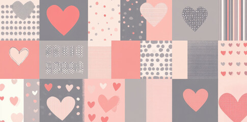 flat background design featuring various heart patterns in pink, gray, and white colors, creating playful and romantic atmosphere
