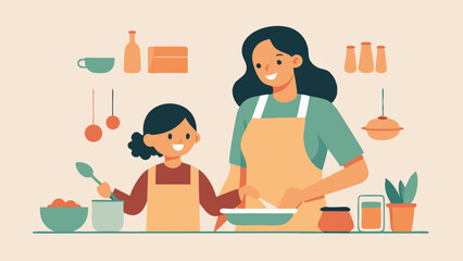 Fototapeta premium Happy Mother's Day! A heartwarming flat color illustration of a mother and daughter bonding over a fun and modern cooking class experience. Perfect for celebrating the special bond