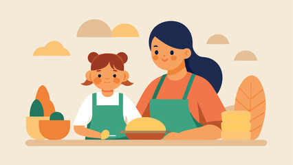 Mother's Day Baking: A heartwarming flat color illustration of a mother and daughter joyfully baking artisanal bread together in a cozy kitchen, celebrating the special bond       