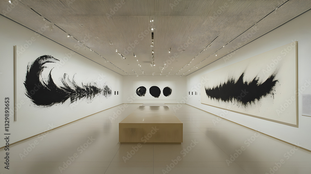 Poster minimalist room design featuring large abstract painting on wall with clean lines and simple black a