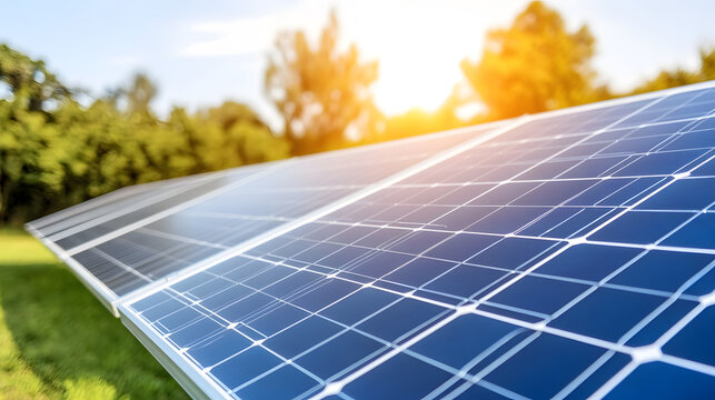 Innovative solar panel installation in residential microgrid system under evening glow with surrounding homes and warm atmosphere.