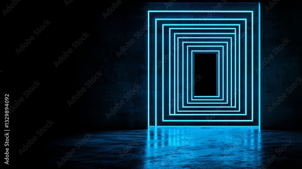 Aufkleber blue neon lighted room with a door in the middle. the room is dark and the blue light is the only so
