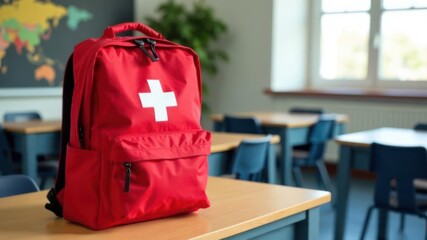 red backpack with white cross on classroom desk, symbolizing emergency preparedness and safety in educational settings. education, emergency kit, school safety.
